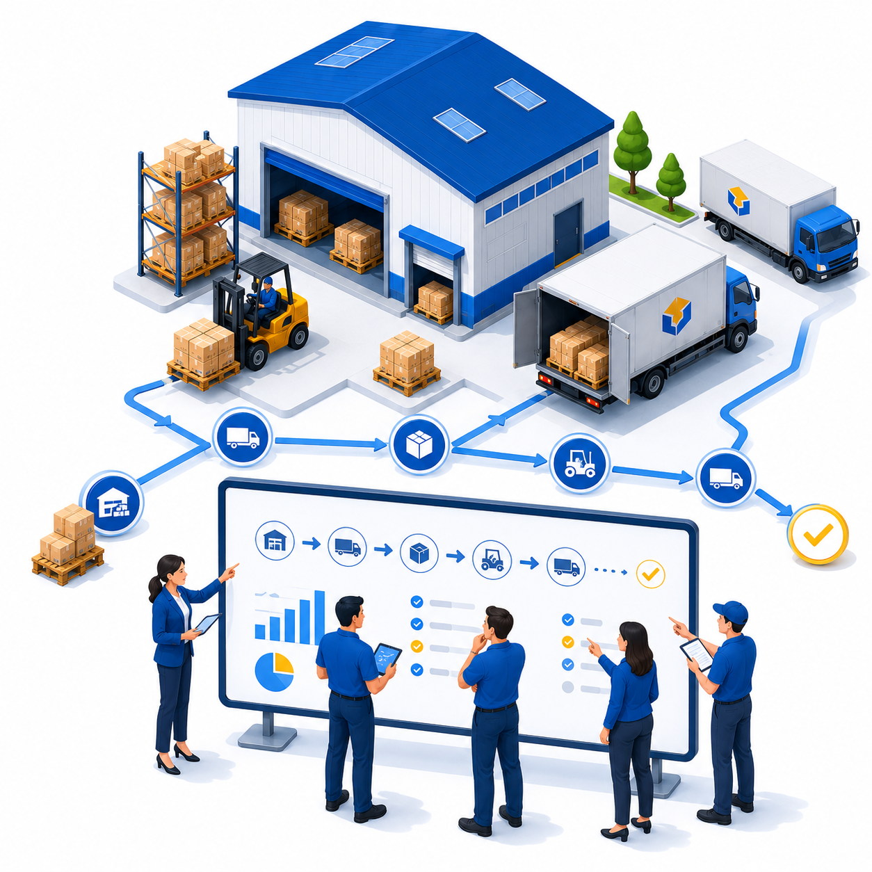 Ilustrasi rencana proyek logistik dengan alur distribusi dan dashboard evaluasi